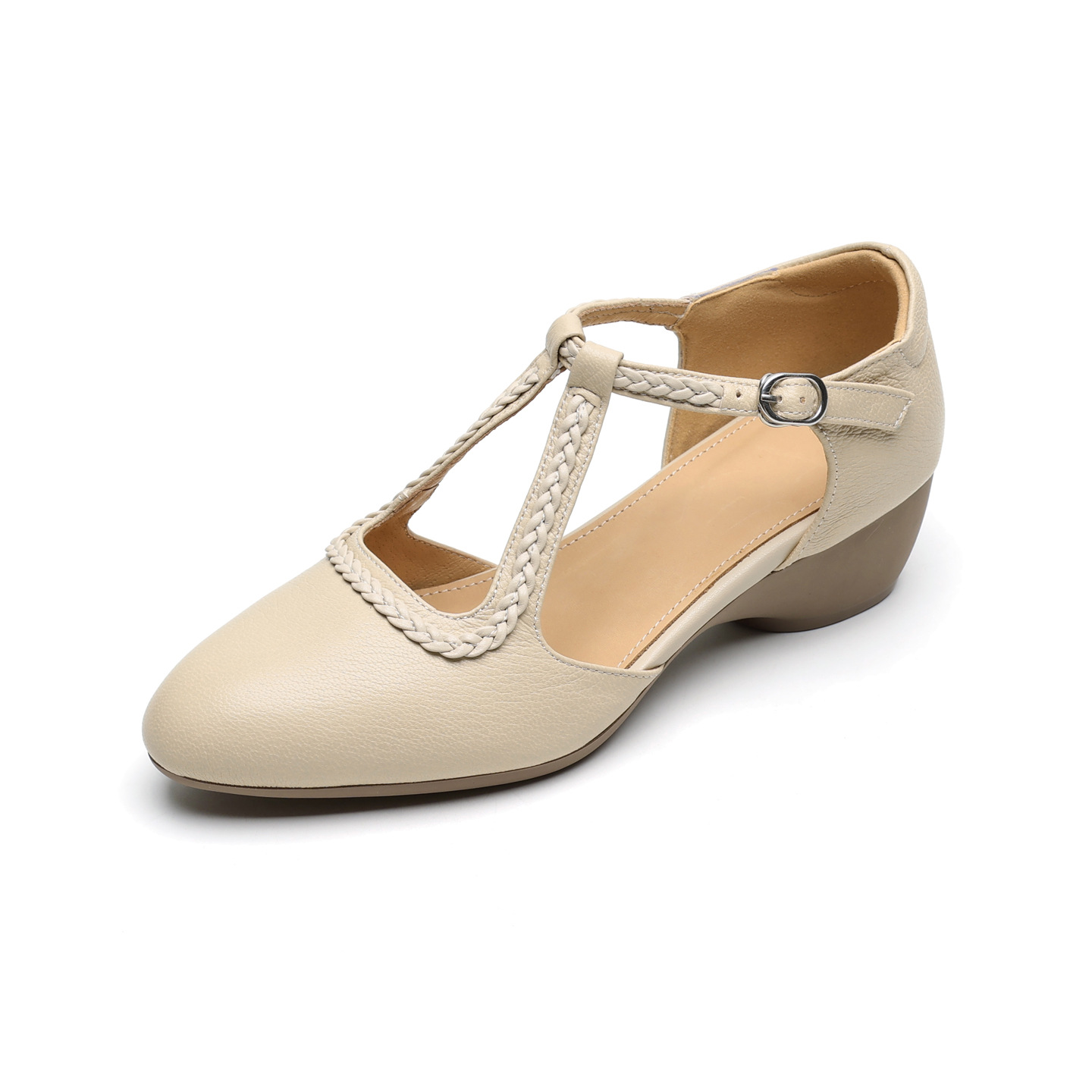 Sandal nữ quai ngang mũi nhọn da cừu đế xuồng gót 4.5 cm — nâu