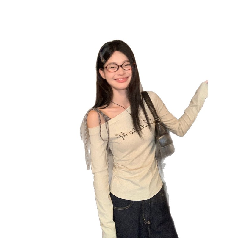 韩系花灰斜肩格子绑带内搭t恤女春秋字母印花新款修身长袖上衣ins|undefined