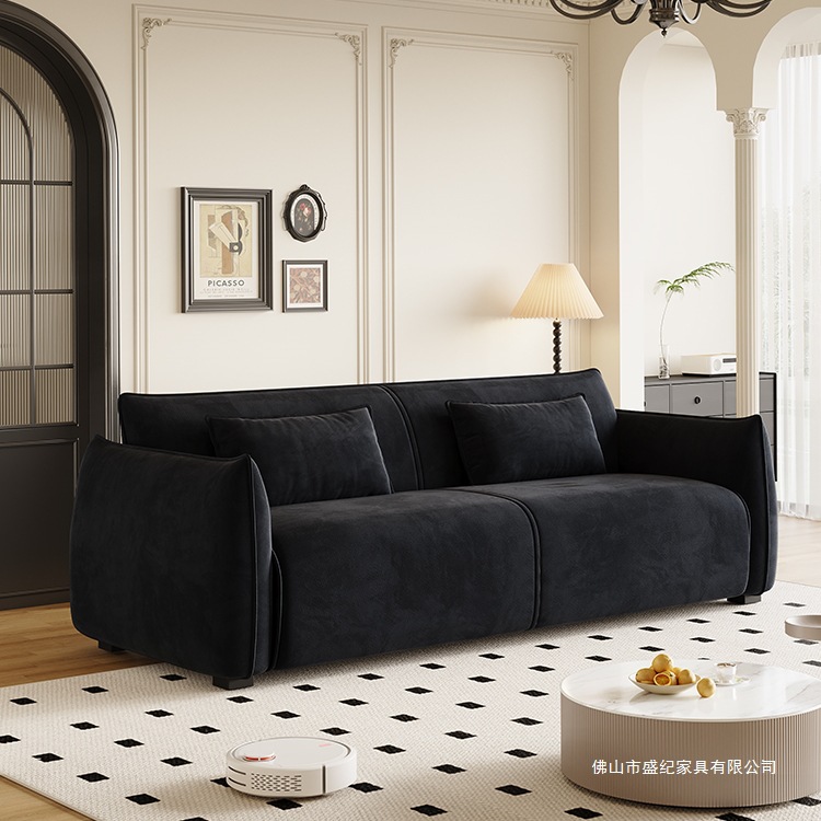 2025 New Mid-Century Style Simple Living Room Small Apartment Straight Row Rental Bedroom Double or Three-Seater Fabric Sofa Wood