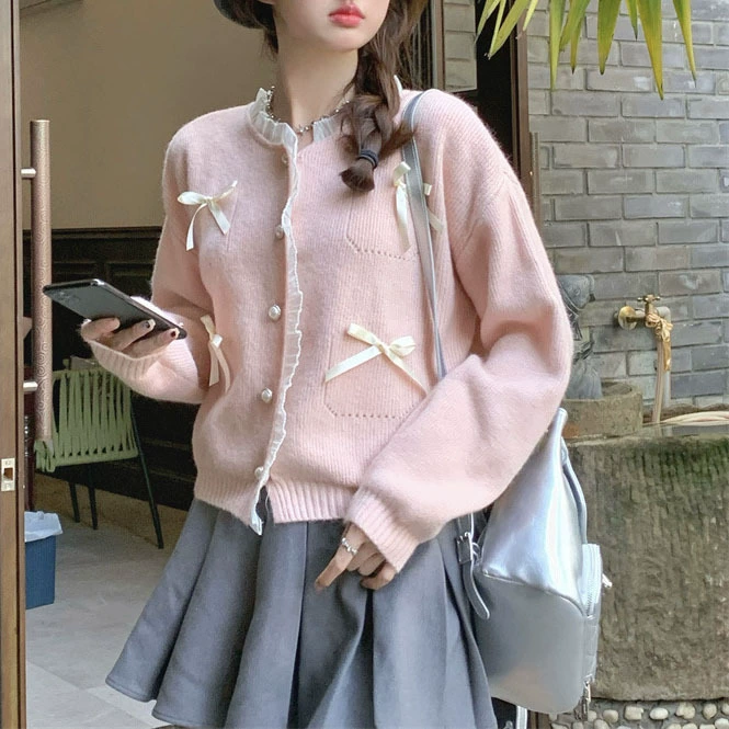 Сладкий розовый кружевной свитер кардиган женский весна 2024 новый бант свободный короткий трикотажный топ