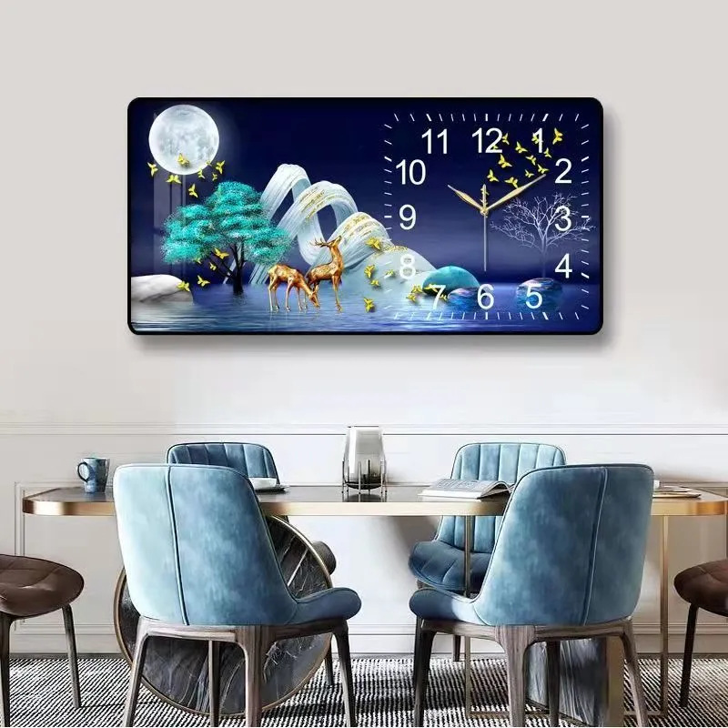 2023 nuevo restaurante pintura decorativa reloj luz comedor de lujo Fondo colgante de pared pintura cálida sala de estar reloj mural de Cristal