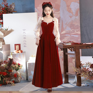Toast Dress for the Bride 2025 New Engagement Wedding Thank You Banquet Burgundy Velvet Long-Sleeved Home Casual Dress
