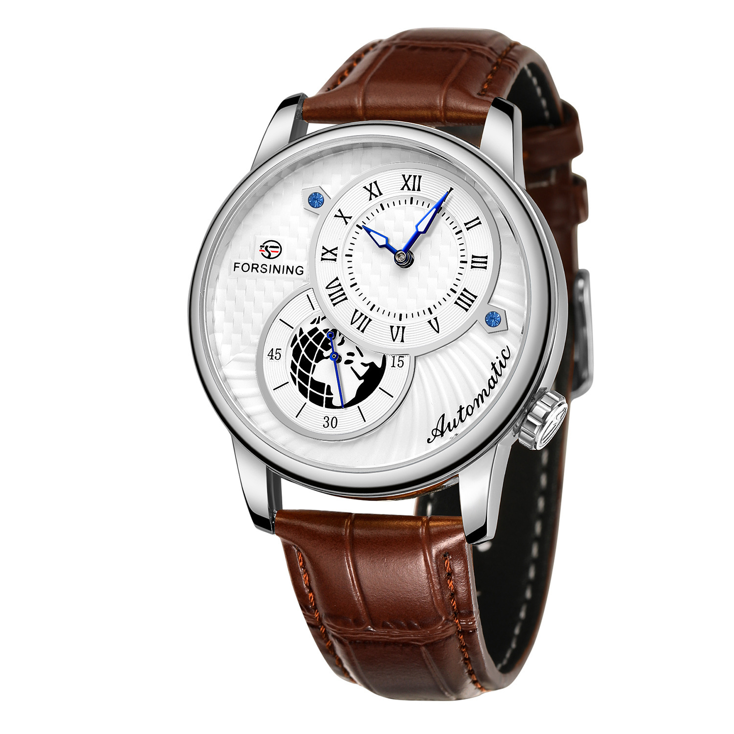 FORSINING Double-Circle Earth Pattern Mechanical Watch, Round Leather And Steel Strap Wristwatch_voghion.com
