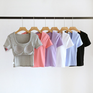 Large Round Neck Short-sleeved Square Collar Top with Chest Pad T-shirt Women's Summer Inner Slim-fit Base Shirt BRA-T Slim-fit Underwear