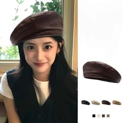贝雷帽 显脸小英伦风黑色pu皮质画 画家帽气质百搭女蓓蕾帽子批发