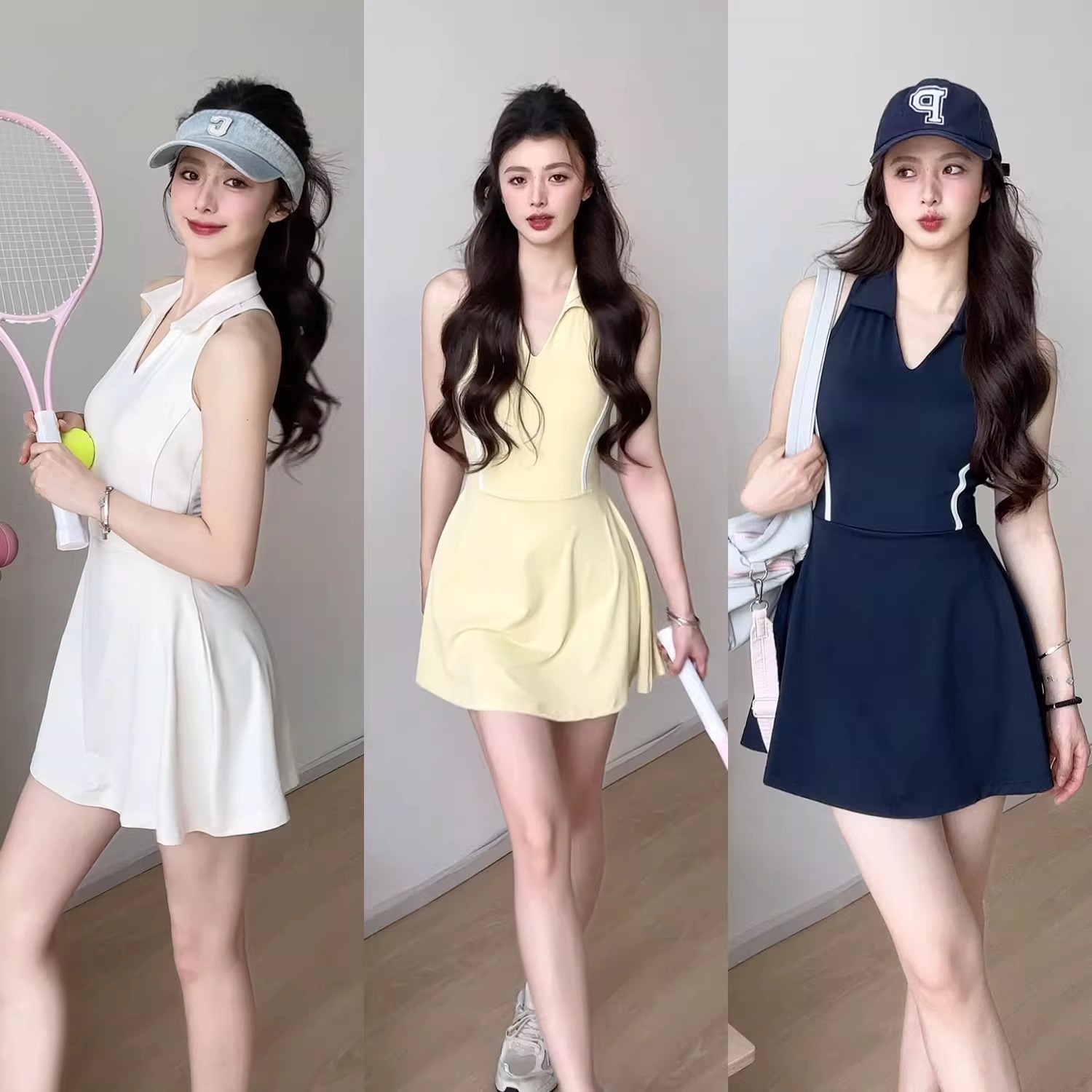 Summer Yoga Clothing Polo Neck Sports dress Breathable Hollow-out Beautiful Back Tennis Skirt Anti-running Light-tight Waist Slimming Skirt