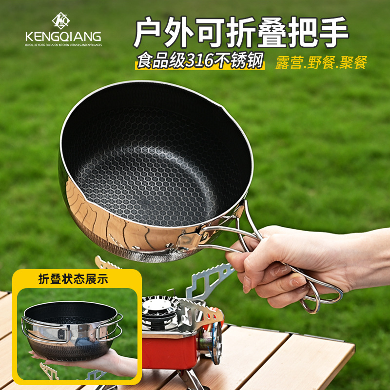 Ollas al aire libre utensilios de cocina para acampar portátil camping 316 wok de acero inoxidable mango antiadherente wok plegable pequeño