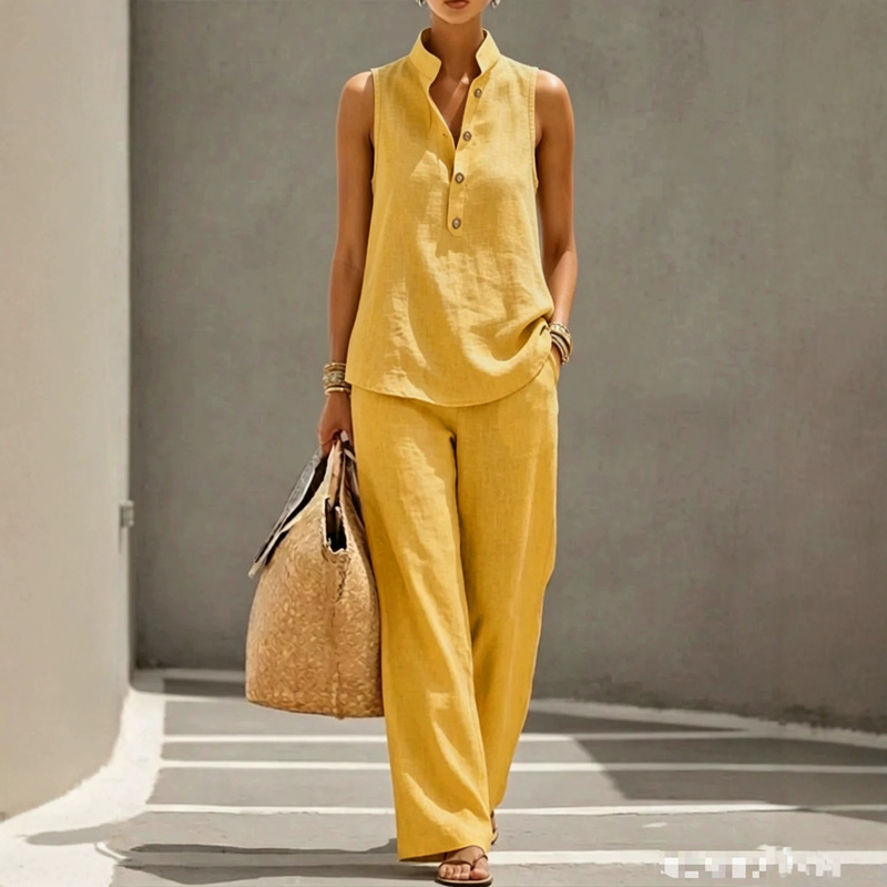 2026 Spring/Summer New European and American Style Cotton and Linen Women's Suit Loose Stand Collar Buttoned Sleeveless Long Pants Breathable Set 2026 Spring/Summer New European and American Style Cotton and Linen Women's Suit Loose Stand Collar Buttoned Sleeveless Long Pants Breathable Set