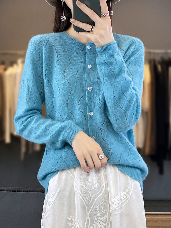 韩版时尚波浪纹纯羊毛开衫女25秋季新款纯色圆领外套长袖针织上衣|undefined