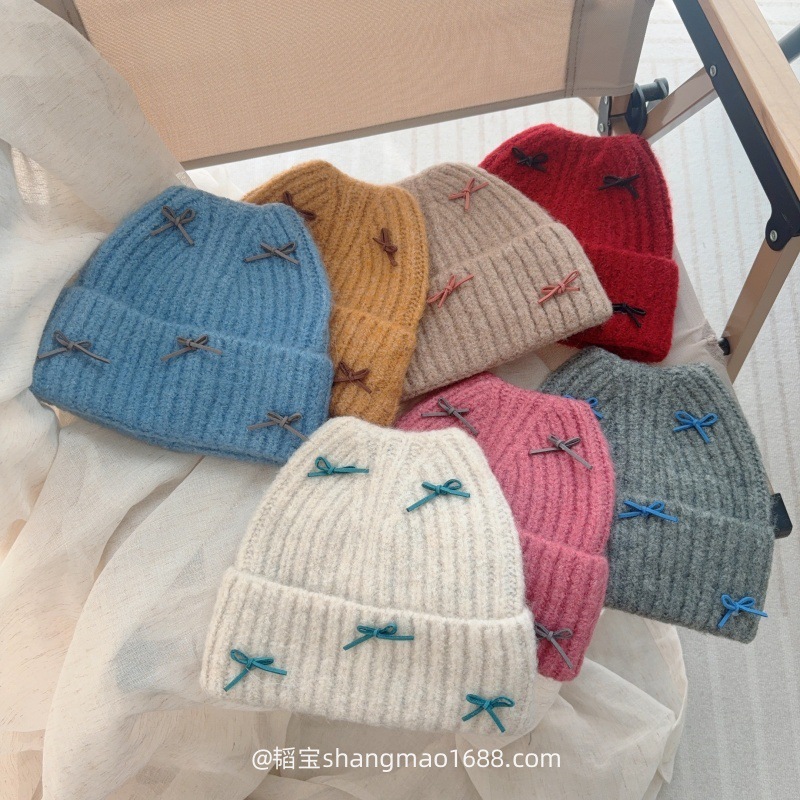 秋冬ins风甜美儿童蝴蝶结针织帽子女加厚保暖宝宝毛线帽可爱冷帽
