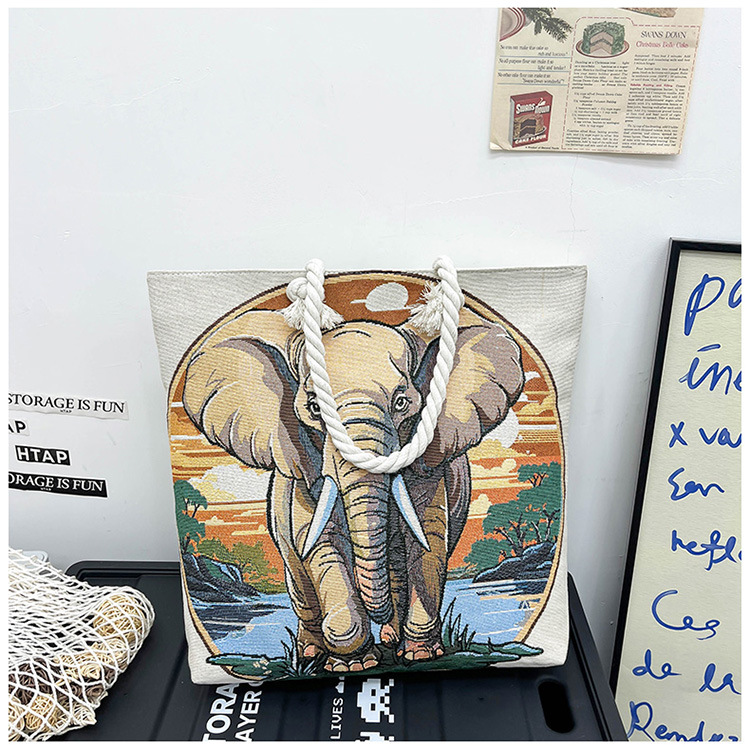 300g Weight Polyester Lining Material Zipper Closure Type Single Shoulder Strap Strap Type Tote Bag Bags Type Holiday, Travel Occasion Canvas Material Elephant Pattern All Seasons Season Women's Gender Ethnic Style, Classic Style Style Square Shape Medium Size Women's Medium Canvas Elephant Ethnic Style Classic Style Square Zipper Tote Bag 24