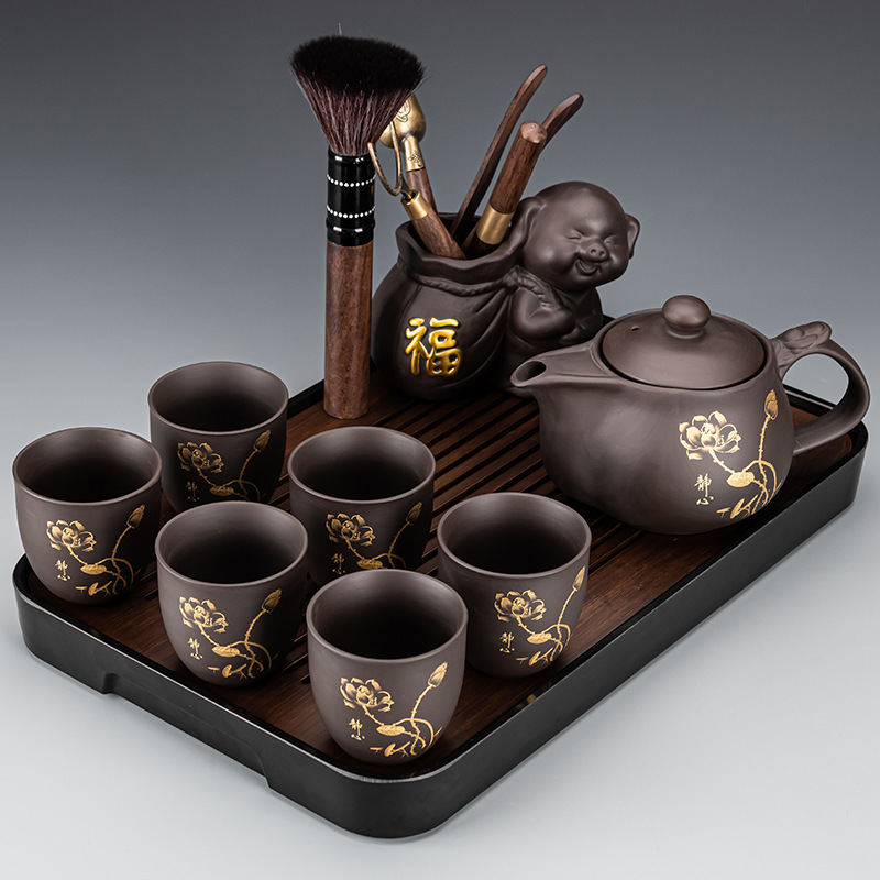 ✲ ☾ ☾ ✲ 자색모래/용냄비(연화) + 여섯잔 + 복돼지/다도 + 직사각형(진운/호두색) ✲ ☾ ☾ ✲