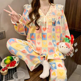 冬季珊瑚绒睡衣女秋冬季加厚保暖公主风可爱甜美法兰绒家居服套装