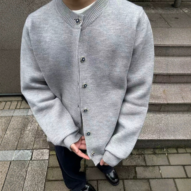 Old money style, gray sweater with rhinestone buttons, cleanfit aesthetic, old money knit cardigan, men's outerwear