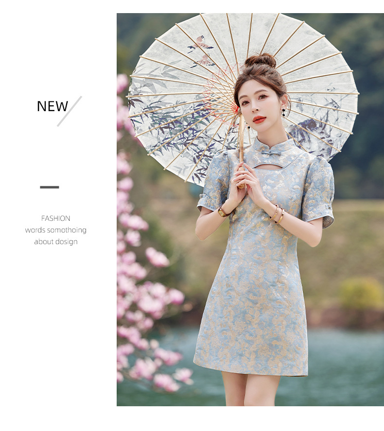 Váy maxi nữ phong cách Trung Quốc mới, cổ đứng cúc bọc, dáng dài vừa phải, thanh lịch thời trang — Màu xanh lam, Màu hồng chi tiết 23