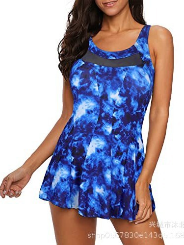 Traje de Baño de Una Pieza con Falda para Mujer de Nailon con Control de Abdomen y Cuello en V