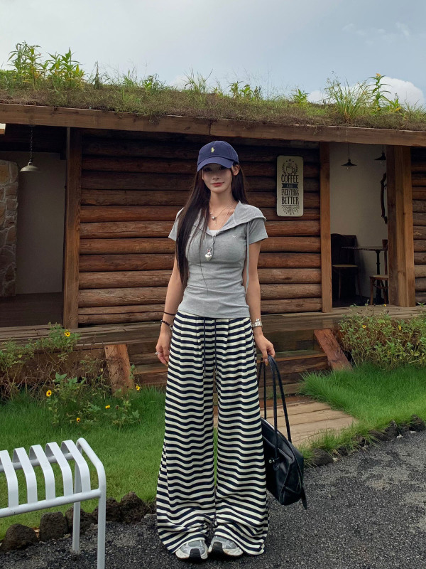 黑白条纹运动裤子女2025秋季新款高腰宽松显瘦休闲阔腿拖地裤ins|undefined