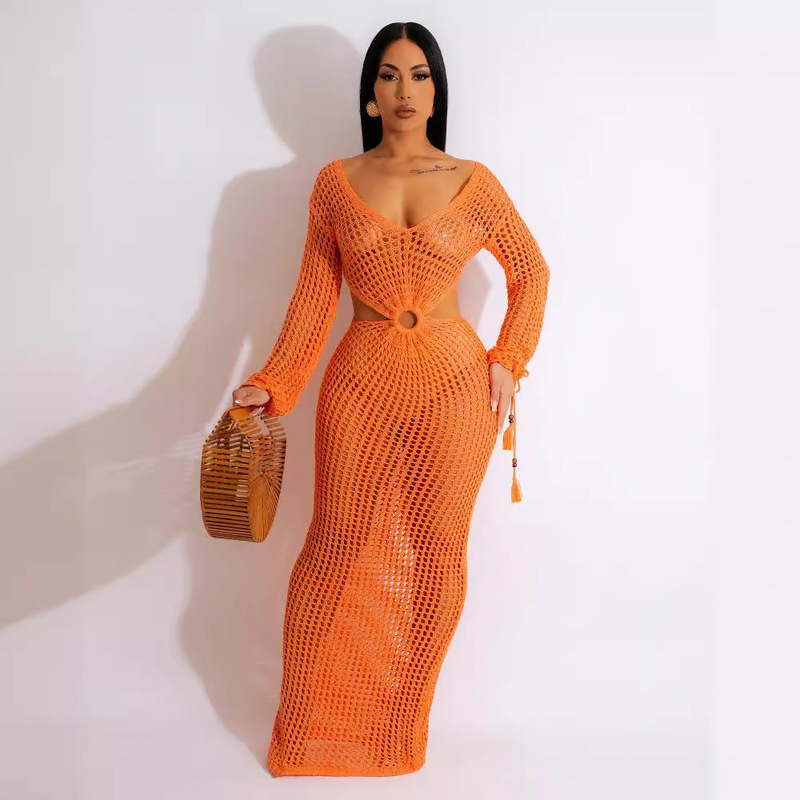 Amazon AliExpress European and American Women's Sexy Hollow Knitted Dress Summer Deep V Beach Blouse Long Dress