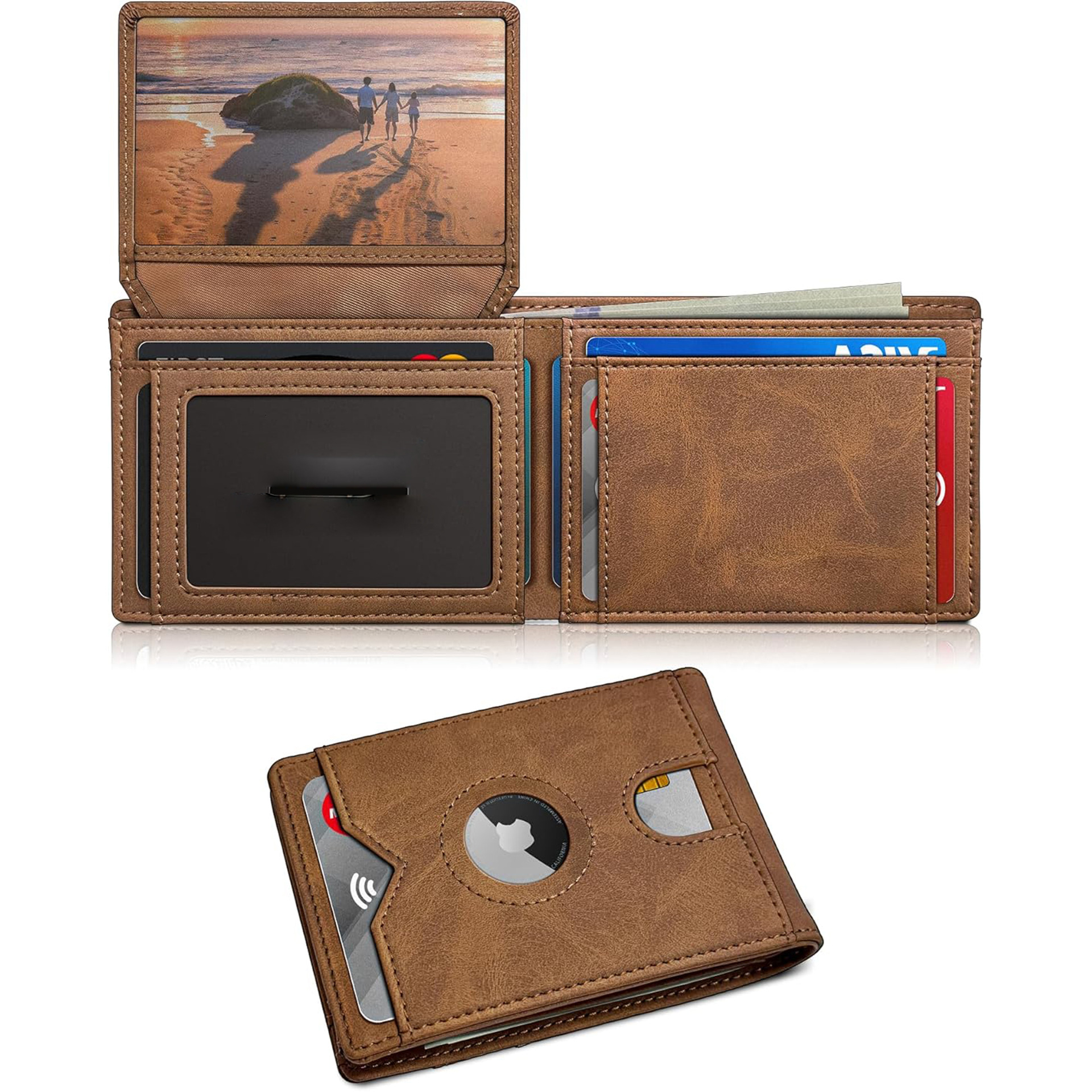 Cartera multi-tarjeta transfronteriza personalizada triple plegable con airtag posicionamiento cartera de cuero RFID anti-robo cartera de cepillo hombre