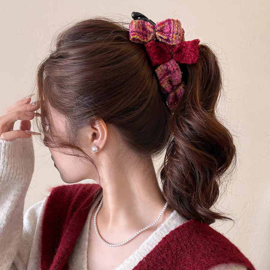 29# red color block wool blend bow banana clip ~ 13cm