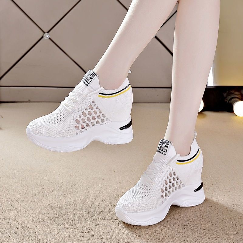 Breathable slimming hidden height women's shoes 2023 Summer new comfortable ultra-light white shoes high heel casual sneaker