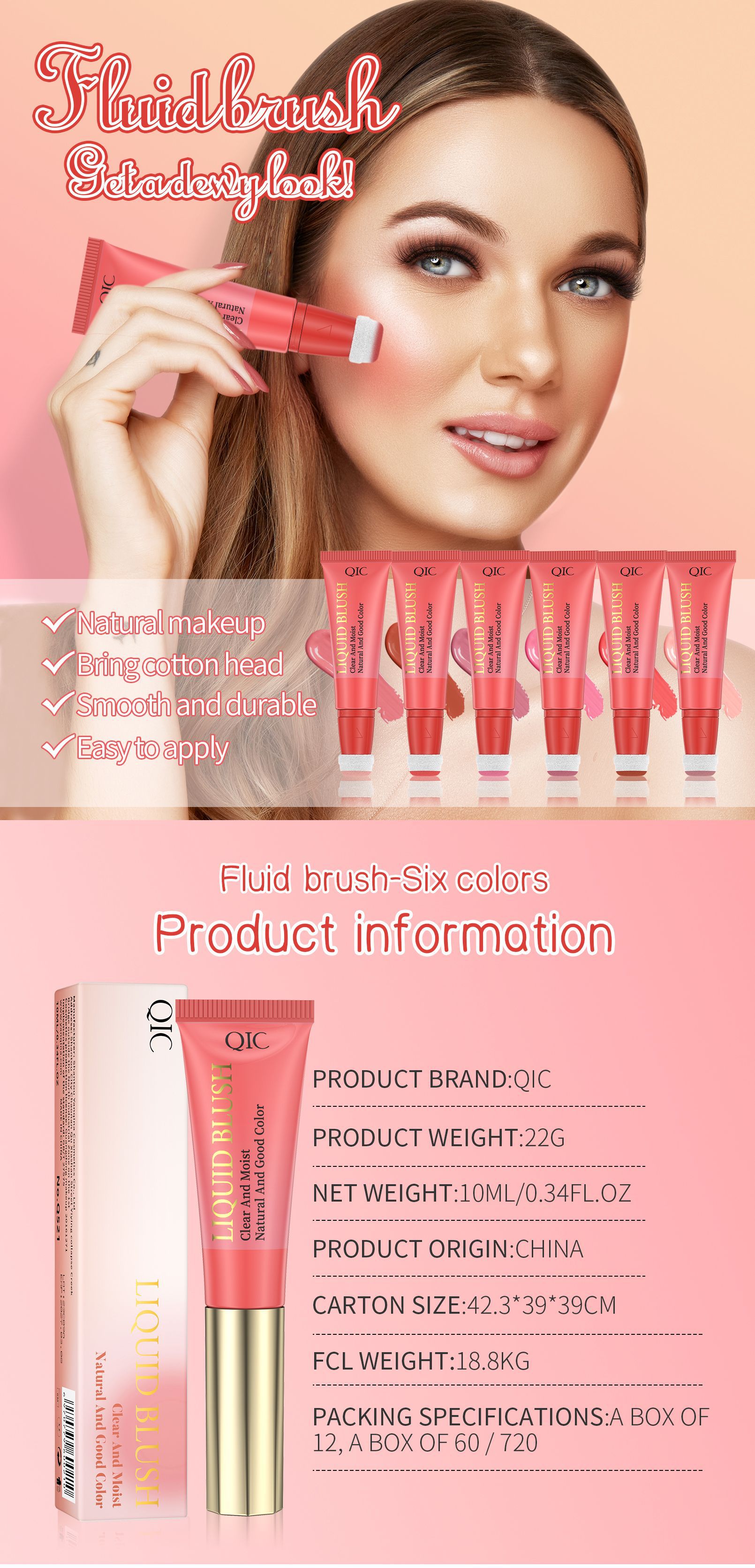 QIC Cross-border Light and Soft Blush Cream Moisturizing, hydrating, easy to spread, Smooth and long-lasting liquid Blush Cross-border makeup details Picture