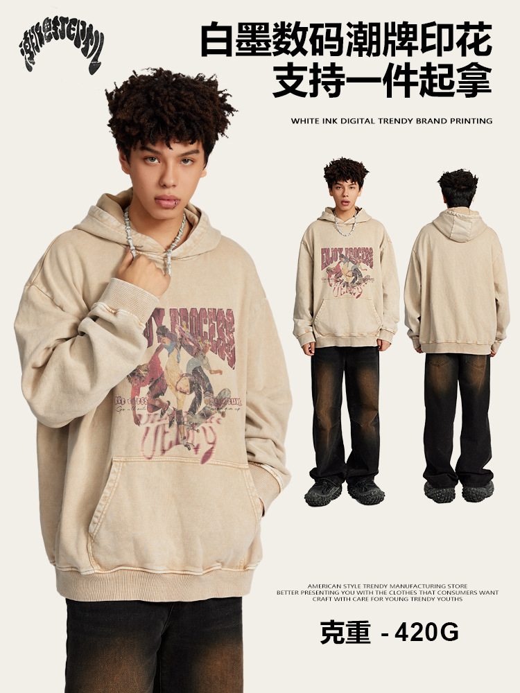 Impresora de marcas| 2025 otoño y invierno juveniles sueltos algodón skate con sudadera encapuchada sudadera de lavado de agua americana para hombres