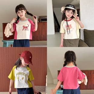 Aimo Beibei Kidsren's Fashionable Short Versatile Color-Blocked Raglan T-Shirt for Girls and Babies Casual Contrasting Color Short Sleeves