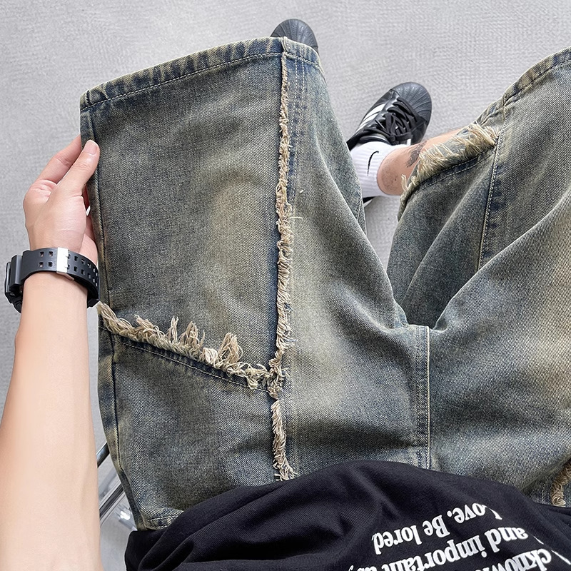 Men's Trendy Washed Vintage Frayed Denim Shorts, Summer Loose High Street American Retro Style, Five-Point Length Men's Trendy Washed Vintage Frayed Denim Shorts, Summer Loose High Street American Retro Style, Five-Point Length