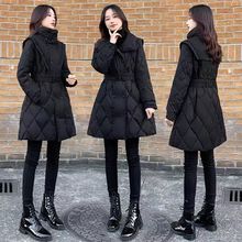 2023新款女装秋冬修身显瘦中长款羽绒棉服黑色收腰海军领时尚外套