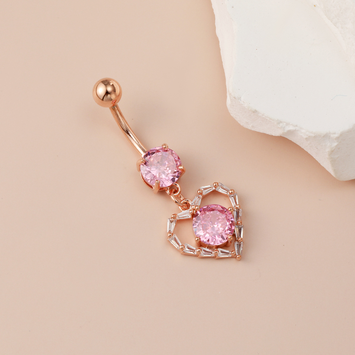 Heart Shaped Pink Diamond Belly Button Ring With Unique Design_voghion.com
