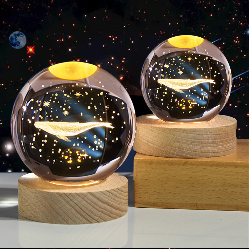 temu amazon una lámpara de noche de cristal de bola galáctica 3D láser interior grabado adornos de madera lámpara de noche galáctica