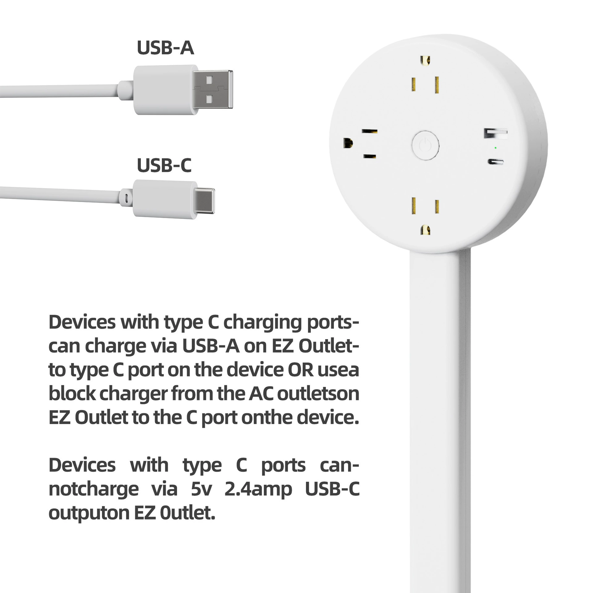 Удлинитель розетки с USB-A USB-C портом и 2 штекерами переменного тока, удлинитель до 27.56 дюймов