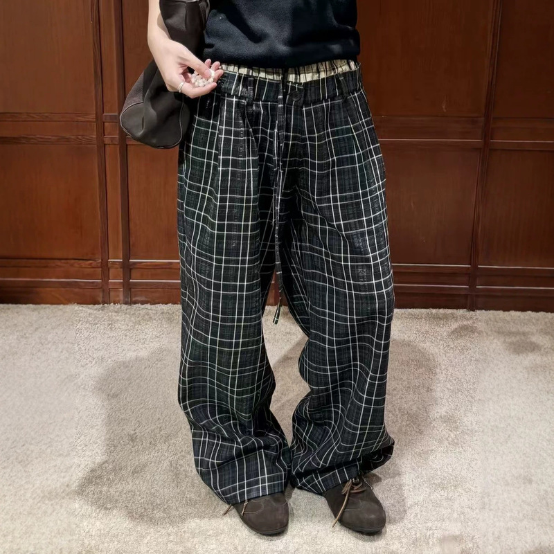 American-Style Double-Waistband Plaid Relaxed Fit Sports Casual Pants for Men and Women, Summer Loose Straight-Leg Lazy Wide-Leg Long Pants