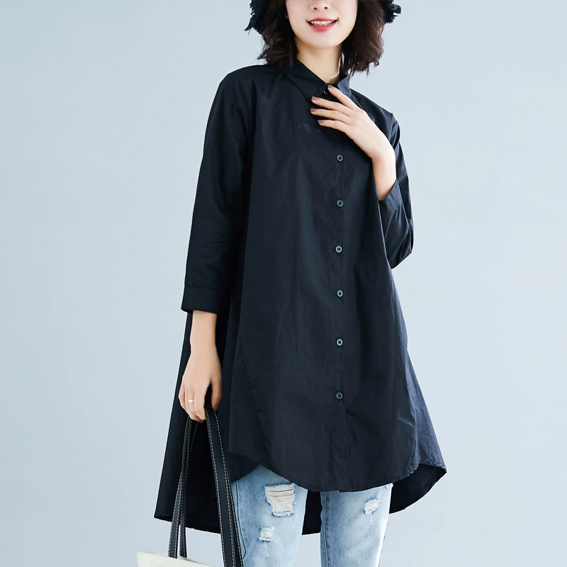 Solid long summer shirt, plus size, cotton and linen, mid-length