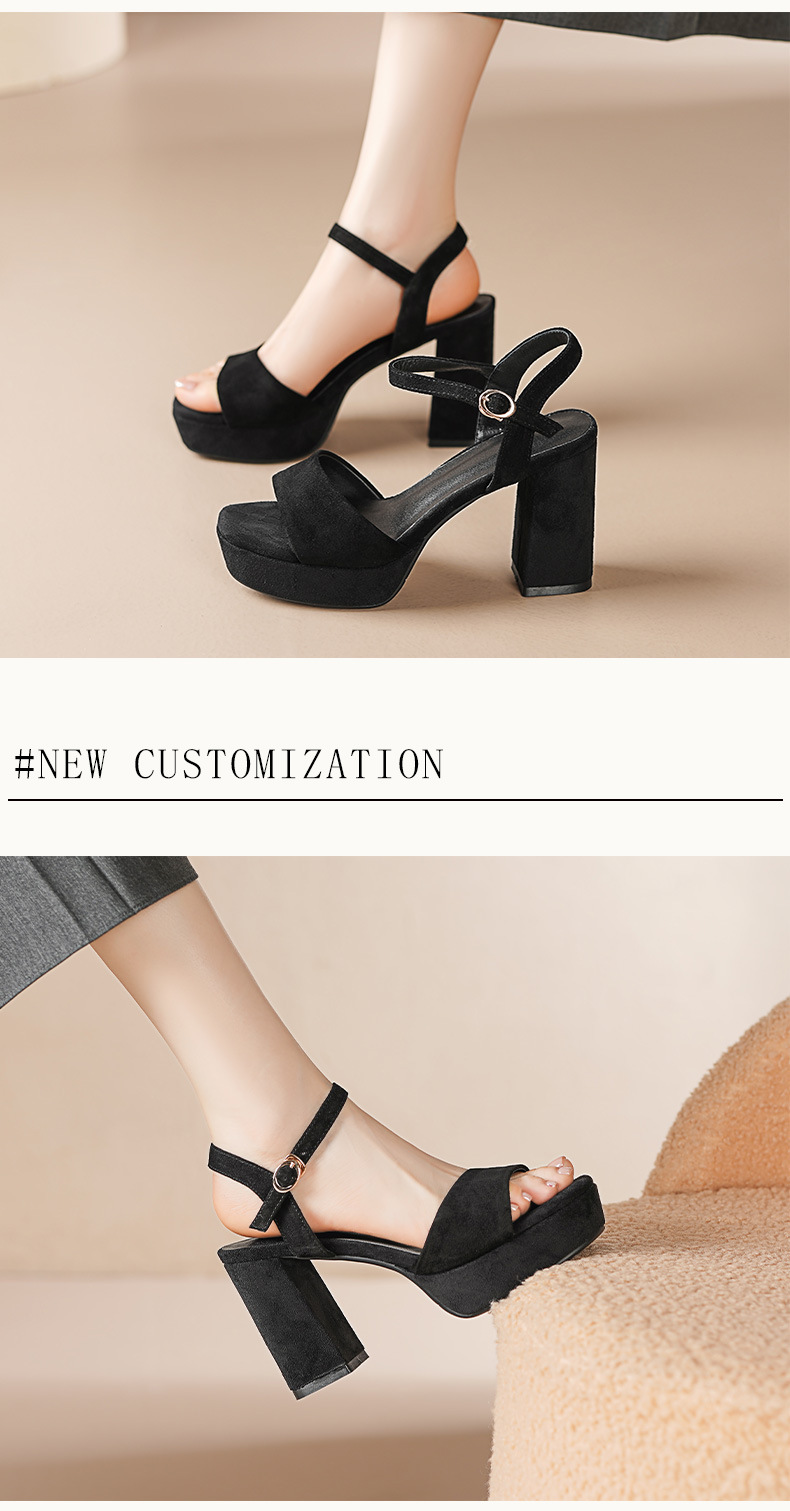Sandal cao gót nữ hở mũi quai ngang khóa gót 9 cm — Da bò trắng gạo chi tiết 4