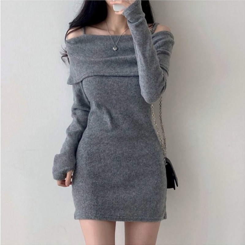 Elegant Off-Shoulder Knitted Dress for Women, Strap Sweater Dress, Autumn and Winter 2025, New Spring and Autumn Long-Sleeve Dress