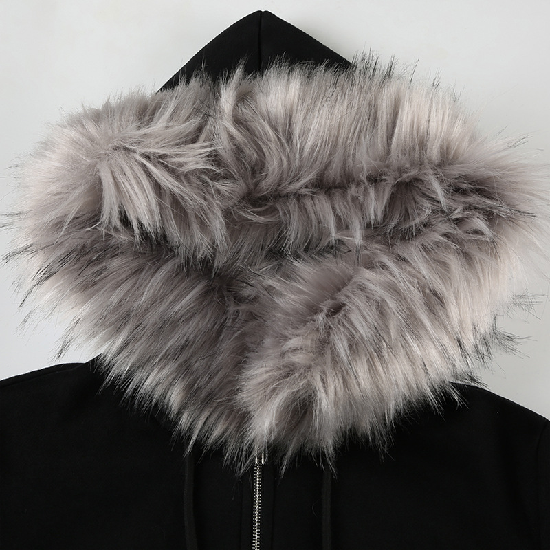 Street Retro Hooded Furry Splicing Coat Winter Slim Fit Warm Double Headed Zipper Cardigan Sweatshirt