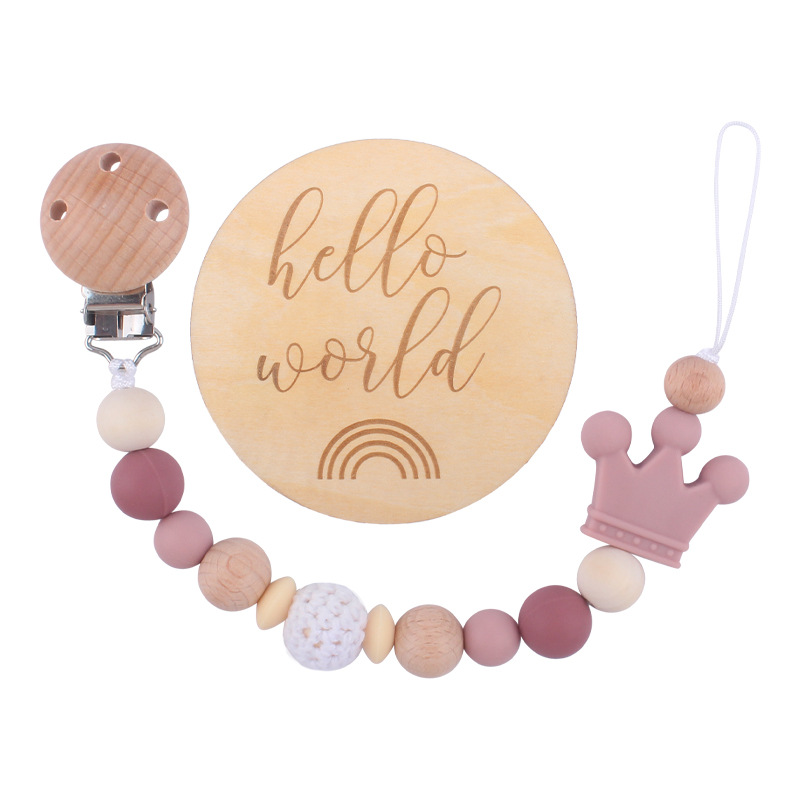 Nuevo bebé haya chupete clip de madera patrón hito tarjeta chupete cadena conjunto de dos piezas