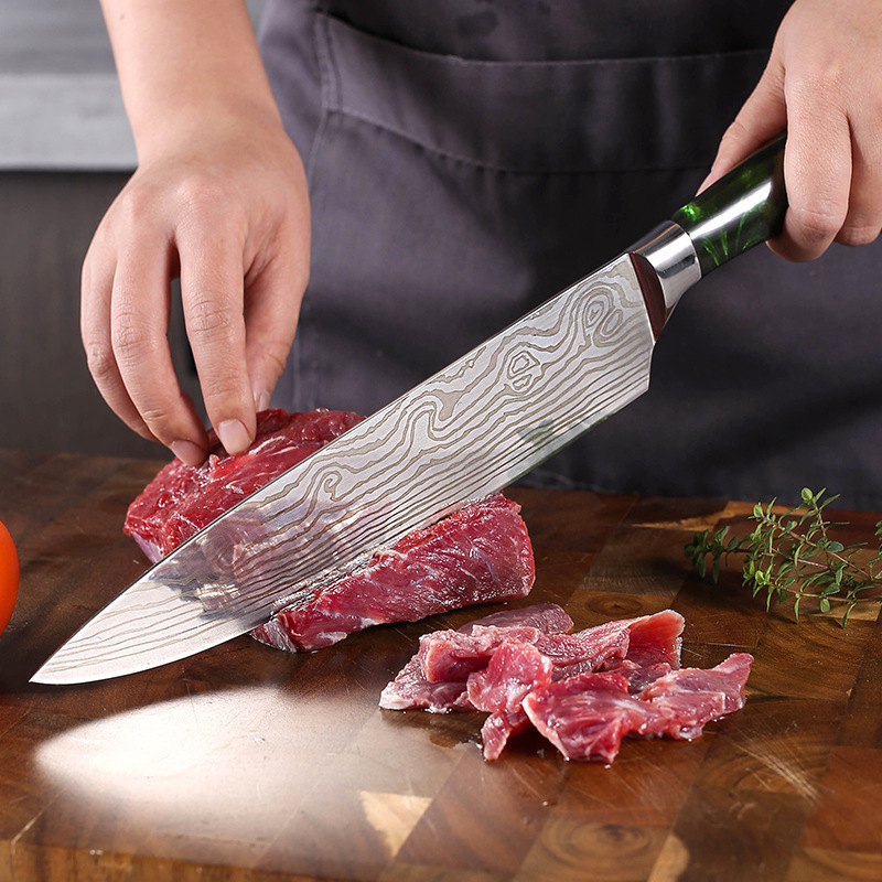 Yangjiang fábrica mango de resina patrón de láser de Damasco en la acción al por mayor nuevo traje de cuchillo chef cuchillo conjunto cuchillo