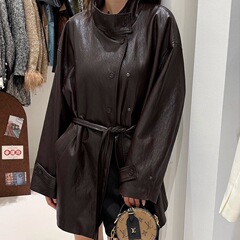 韩系宽松休闲立领PU皮风衣外套女2025秋季新款设计感收腰气质大衣