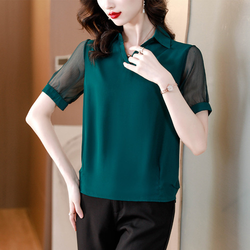 2025 Summer Dress Lightweight Chiffon Blouse Short Sleeve Shirt Stylish Top Cover Stomach Women's Summer