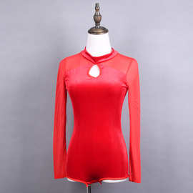 春季拉丁舞练功服舞蹈上衣拼高领网纱国舞女成人摩登舞上装标