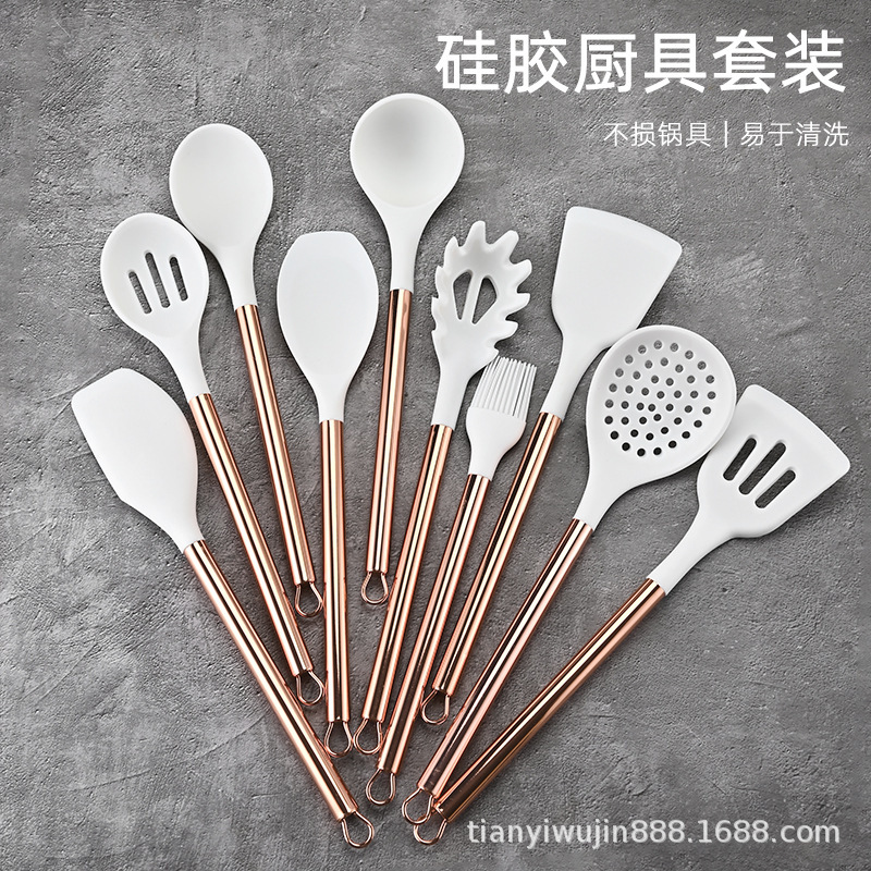 Nuevo mango de oro rosa antiadherente de cocina de aluminio de aluminio 10 piezas set