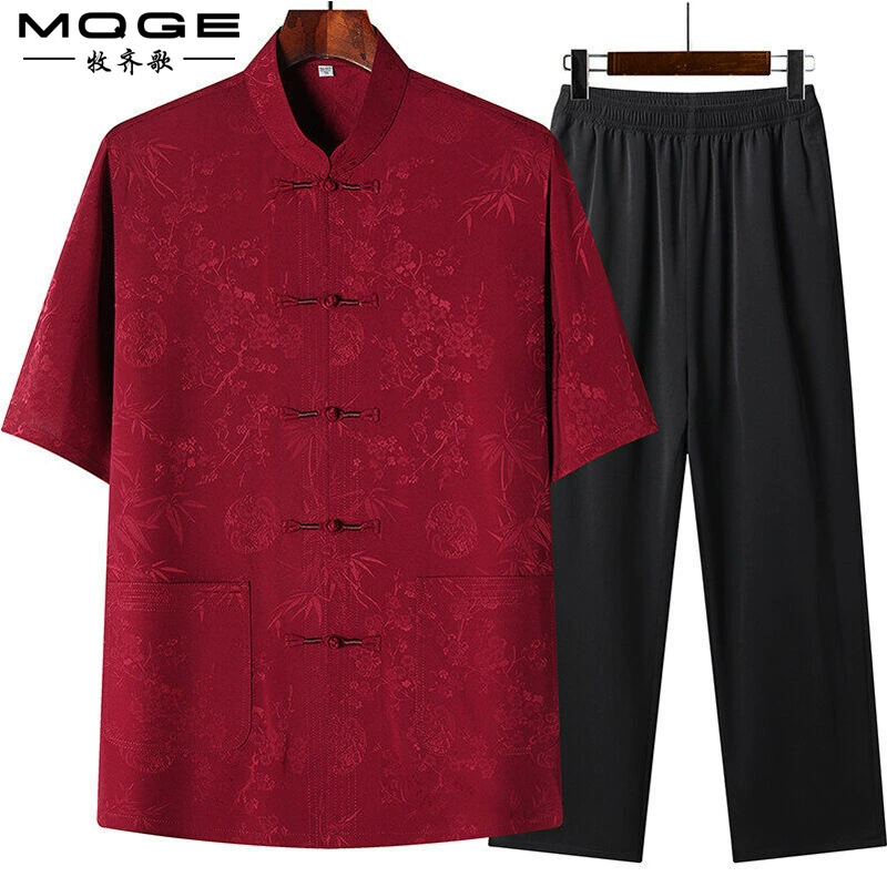 Средний и пожилой Тан костюм мужской летний тонкий ледяной шелк с короткими рукавами