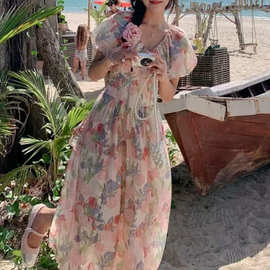 茶歇法式油画碎花连衣裙女夏2025新款小个子高级感气质时尚长裙子