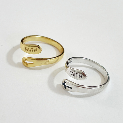 European and American minimalist and versatile trendy Internet celebrity 925 sterling silver FAITH faith cross ring Japanese and Korean ring index finger