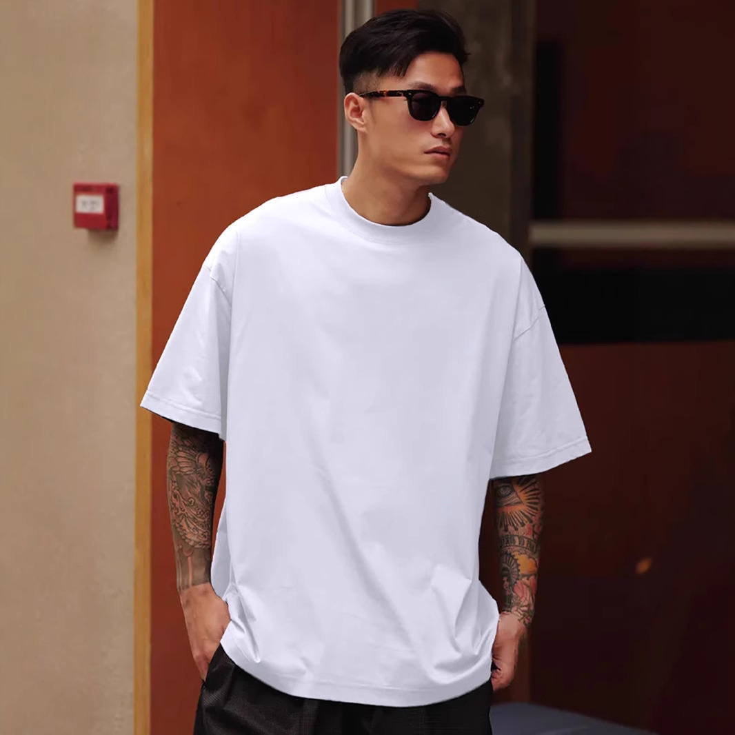 380G重磅纯棉美式小领口短袖t恤男夏季宽松高级感上衣白色打底衫