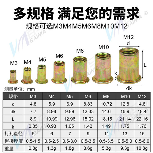 Blind rivet nut pull cap flat head cylindrical rivet nut knurled blind rivet nut rivet M3M4M5M6M8M10M12