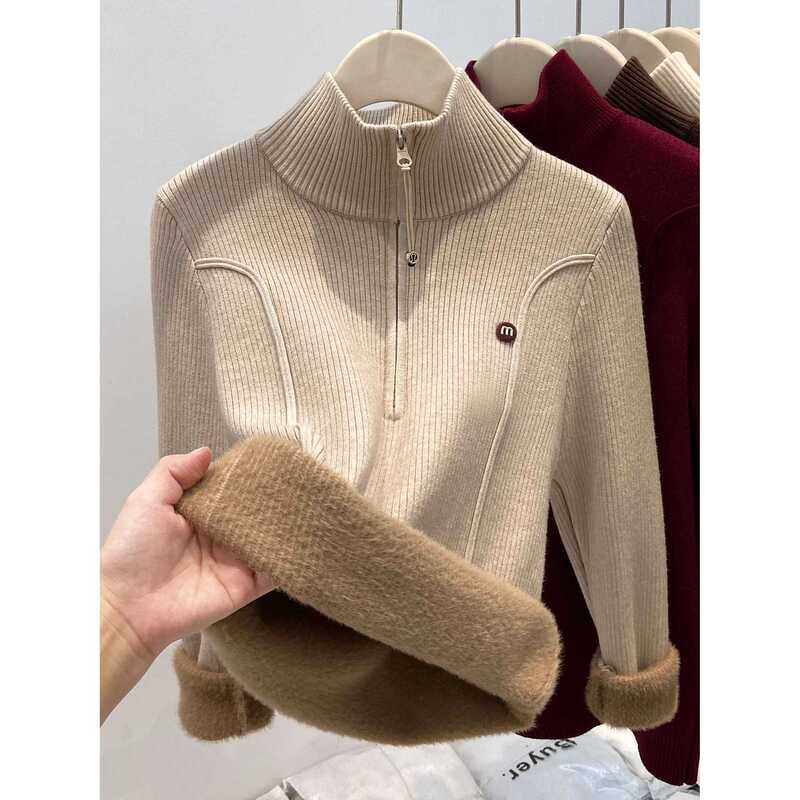 Stand Collar Half-Zip Thickeneded Knitted Sweater for Women 2025 Autumn and Winter Inner Wear with One-Piece Velvet Fashionable Work Clothing Bottoming Top
